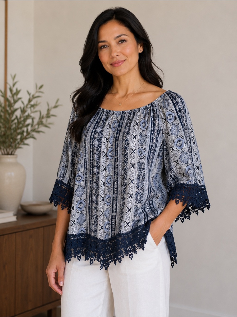 Navy and White Lace-Hem Peasant Blouse